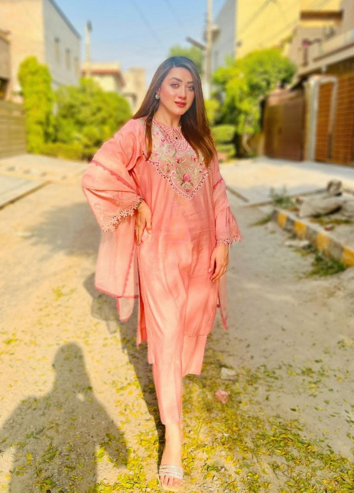 Maroon by Iqra Chaudhry Luxury Pret  Cotton Net 3 Piece Suit WATERMELON PINK