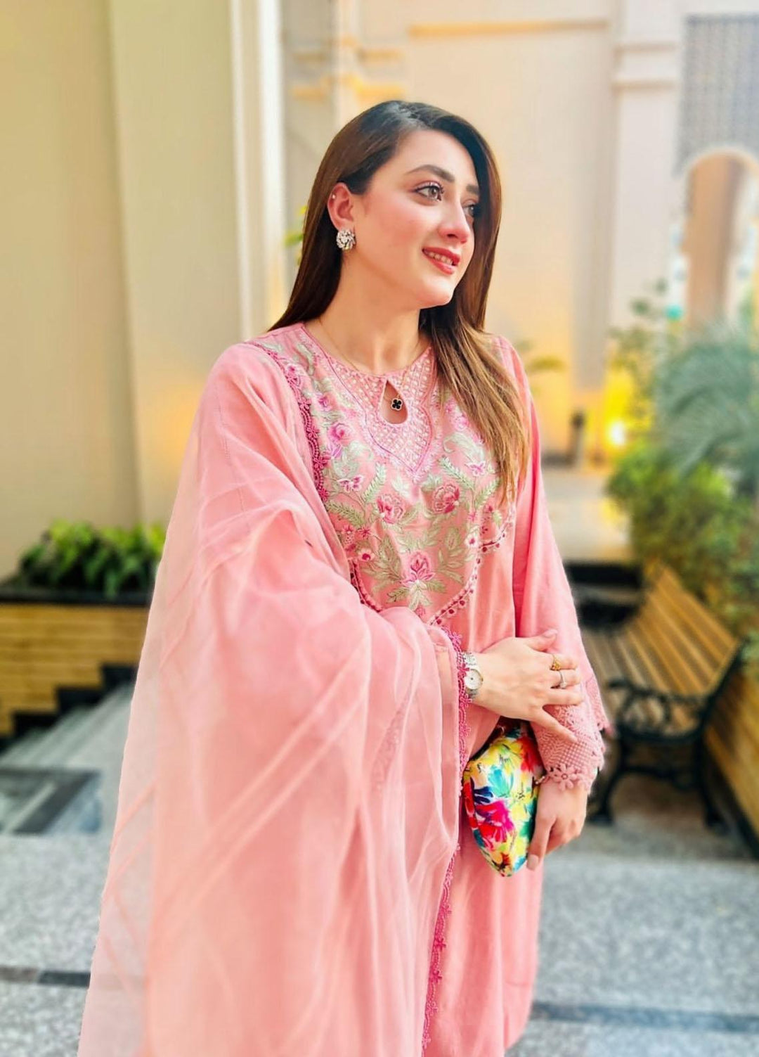 Maroon by Iqra Chaudhry Luxury Pret  Cotton Net 3 Piece Suit WATERMELON PINK