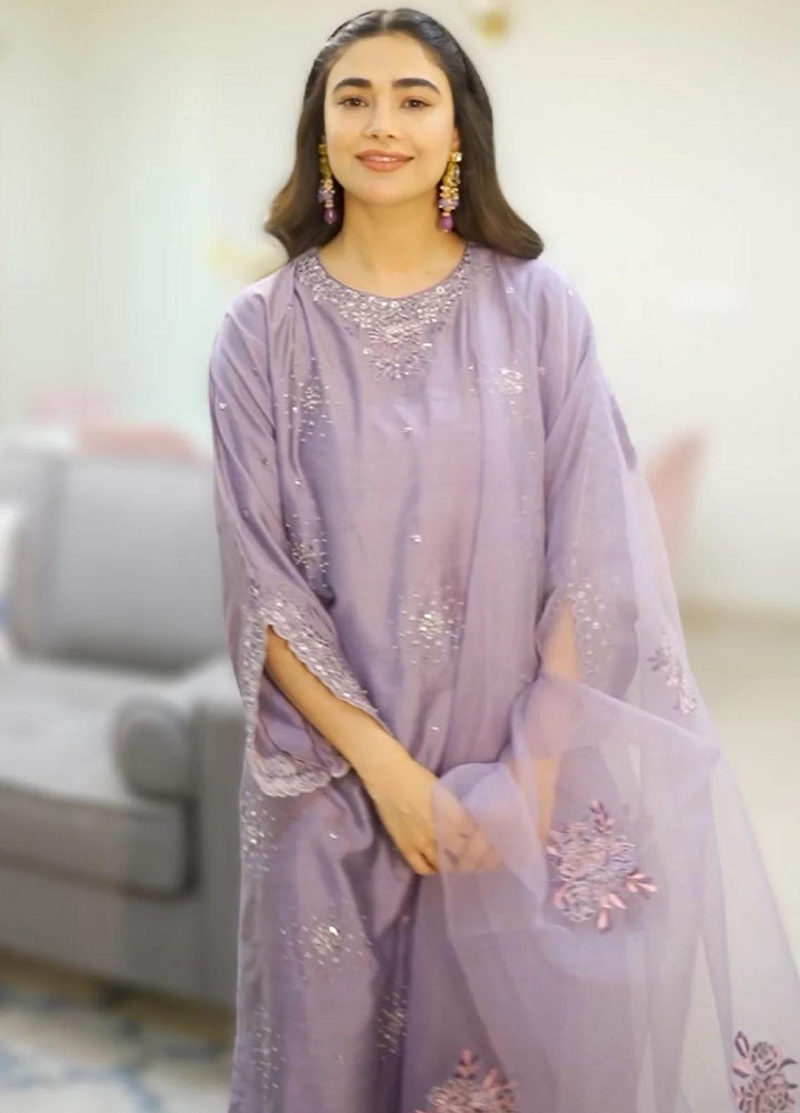 Maroon by Iqra Chaudhry Pret Embroidered Khaadi Silk 3 Piece Suit Lavender Mist
