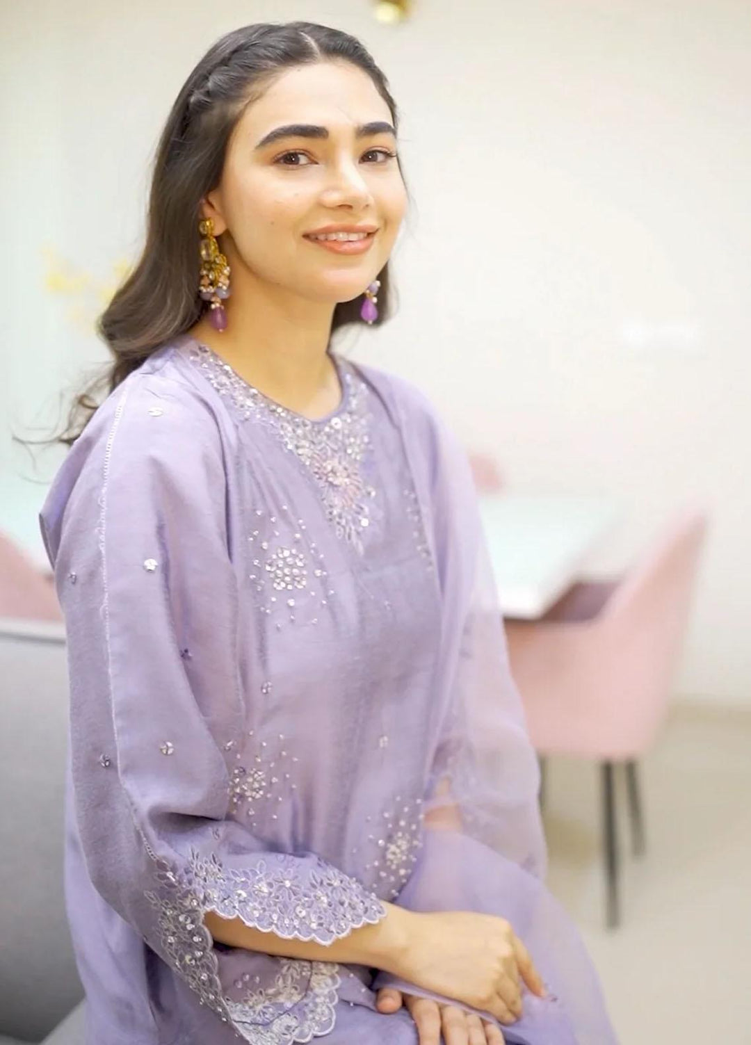 Maroon by Iqra Chaudhry Pret Embroidered Khaadi Silk 3 Piece Suit Lavender Mist