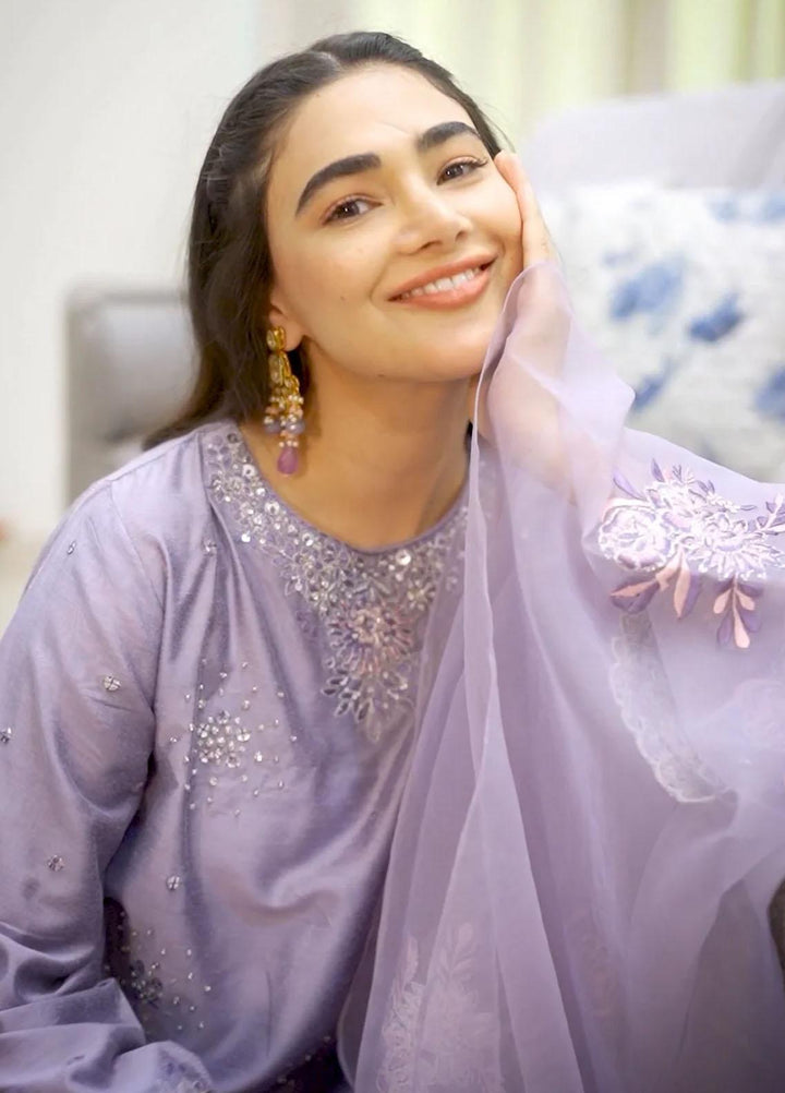 Maroon by Iqra Chaudhry Pret Embroidered Khaadi Silk 3 Piece Suit Lavender Mist