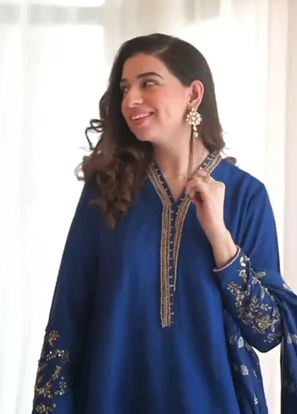 Maroon by Iqra Chaudhry Pret Embroidered Raw Silk 3 Piece Suit Midnight Blue