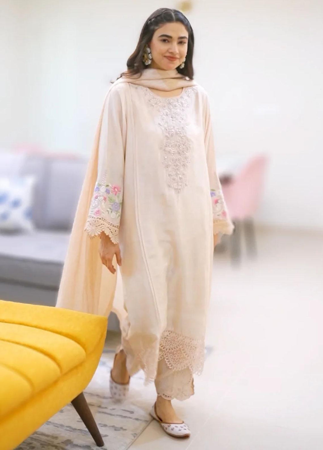 Maroon by Iqra Chaudhry Pret Embroidered Raw Silk 3 Piece Suit Neutral Peach
