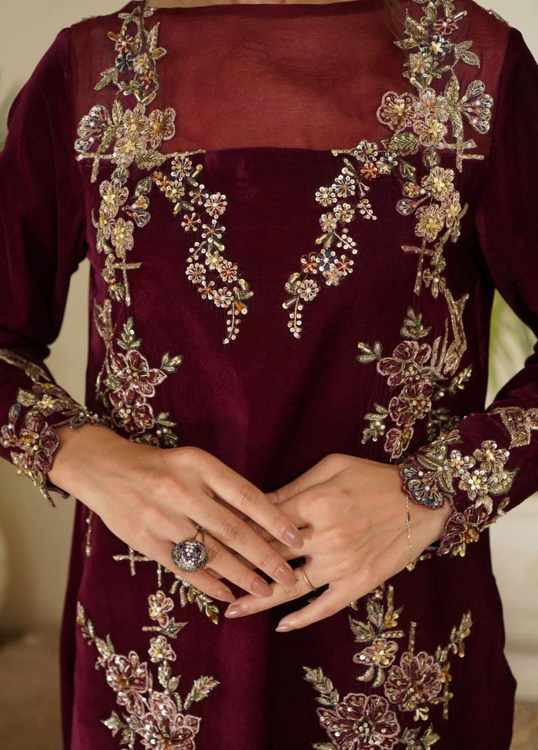 Maroon by Iqra Chaudhry Pret Embroidered Velvet 2 Piece Suit Ruby