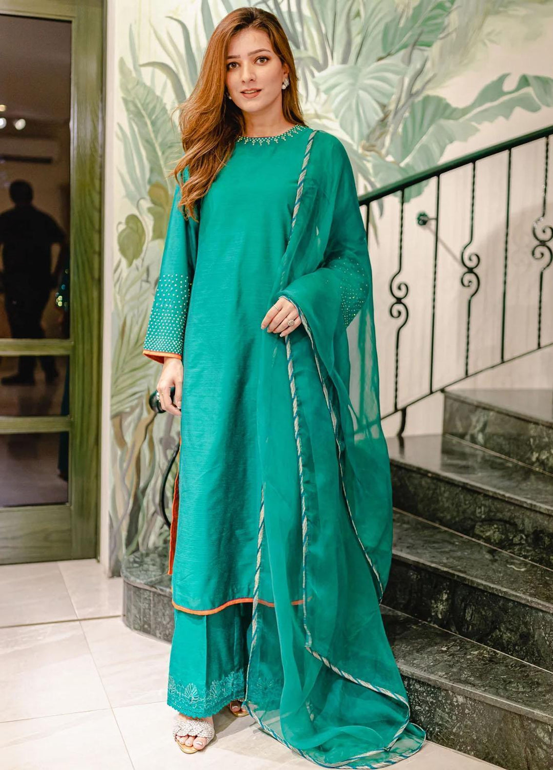 Maroon by Iqra Chaudhry Pret Embroidered Raw Silk 3 Piece Suit Teal
