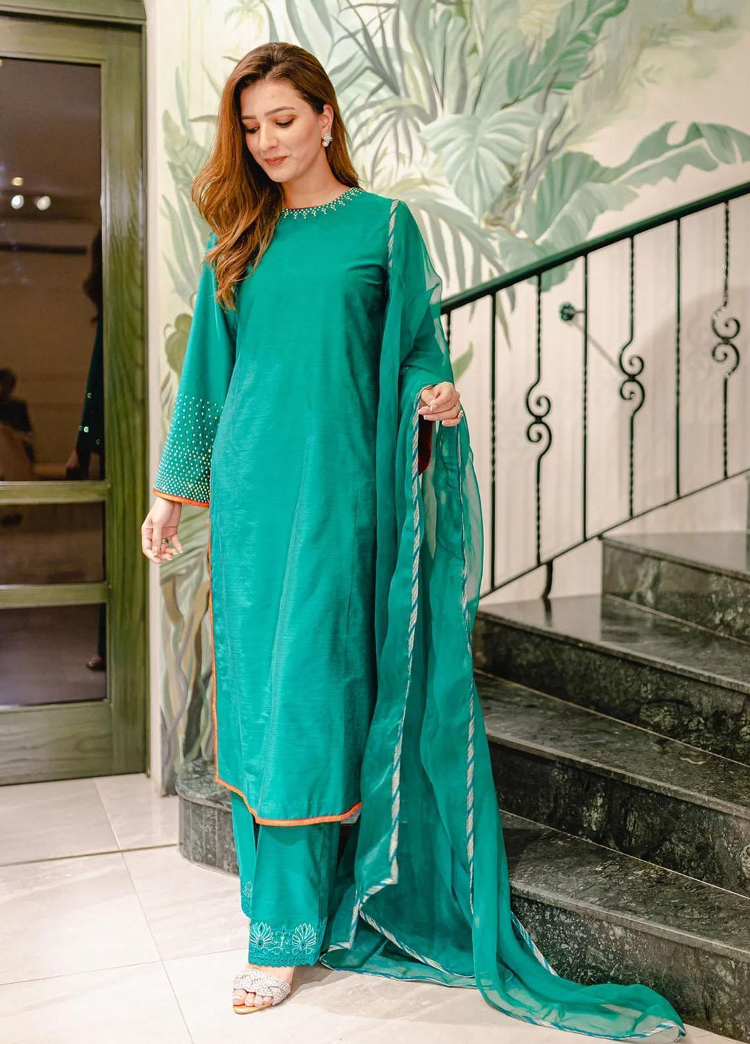 Maroon by Iqra Chaudhry Pret Embroidered Raw Silk 3 Piece Suit Teal
