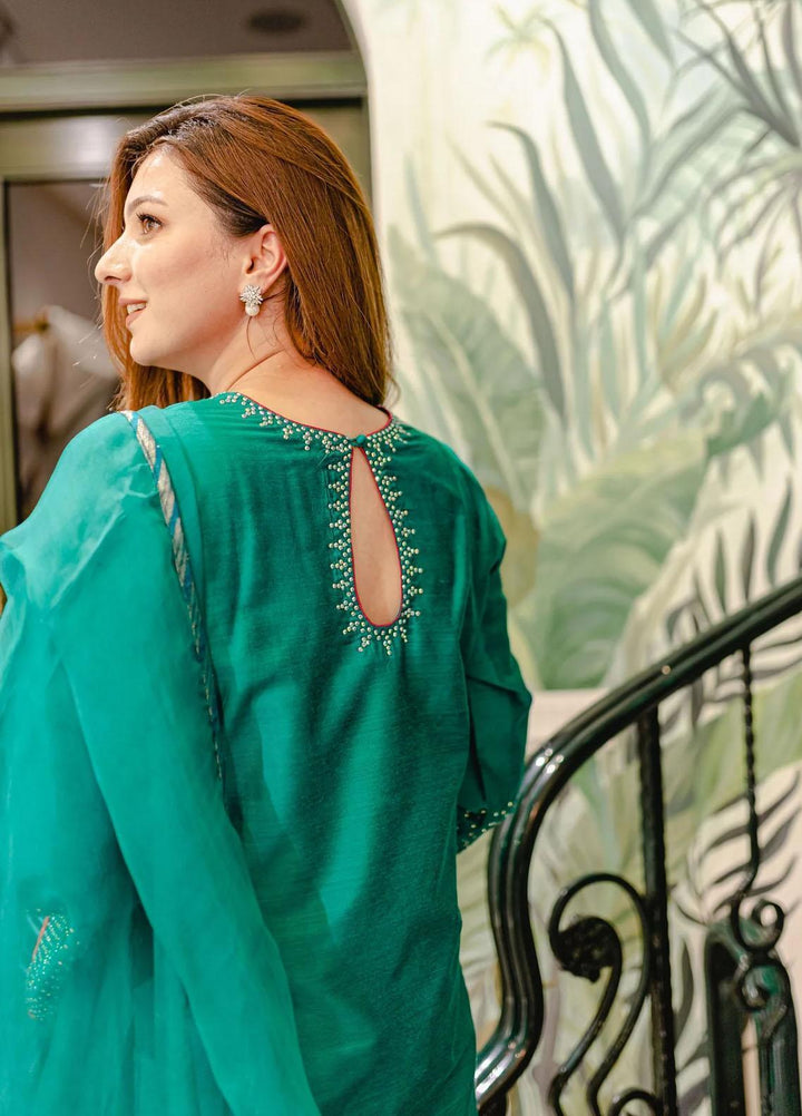 Maroon by Iqra Chaudhry Pret Embroidered Raw Silk 3 Piece Suit Teal