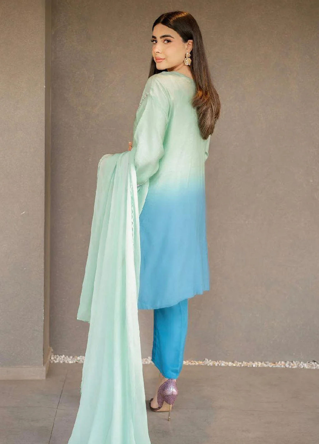 Maroon by Iqra Chaudhry Pret Embroidered khaadi net 3 Piece Suit Blue Mint