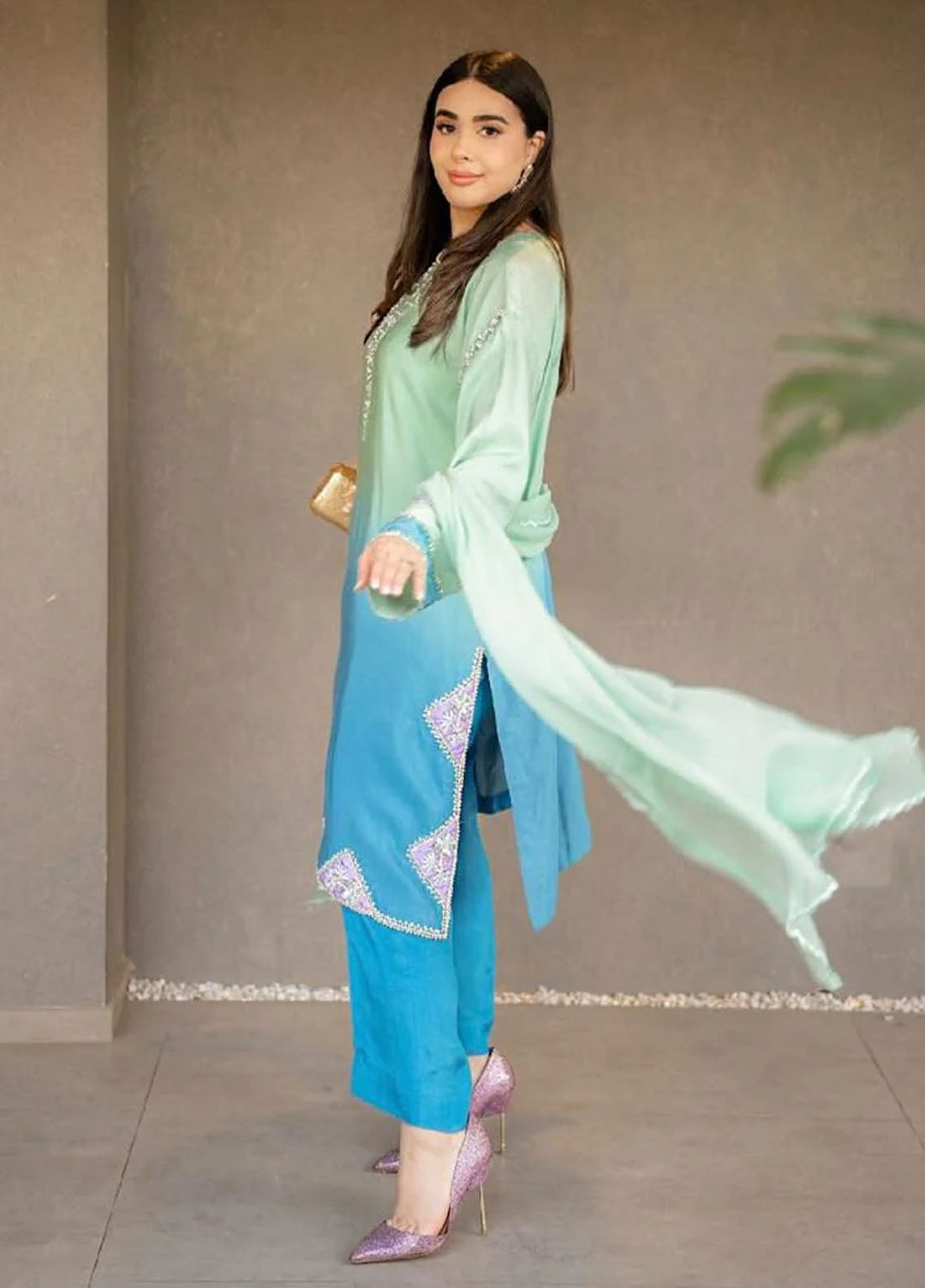 Maroon by Iqra Chaudhry Pret Embroidered khaadi net 3 Piece Suit Blue Mint