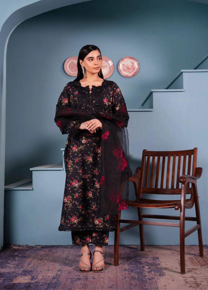Maroon by Iqra Chaudhry Pret Embroidered Khaadi Net 3 Piece Suit Floral Black