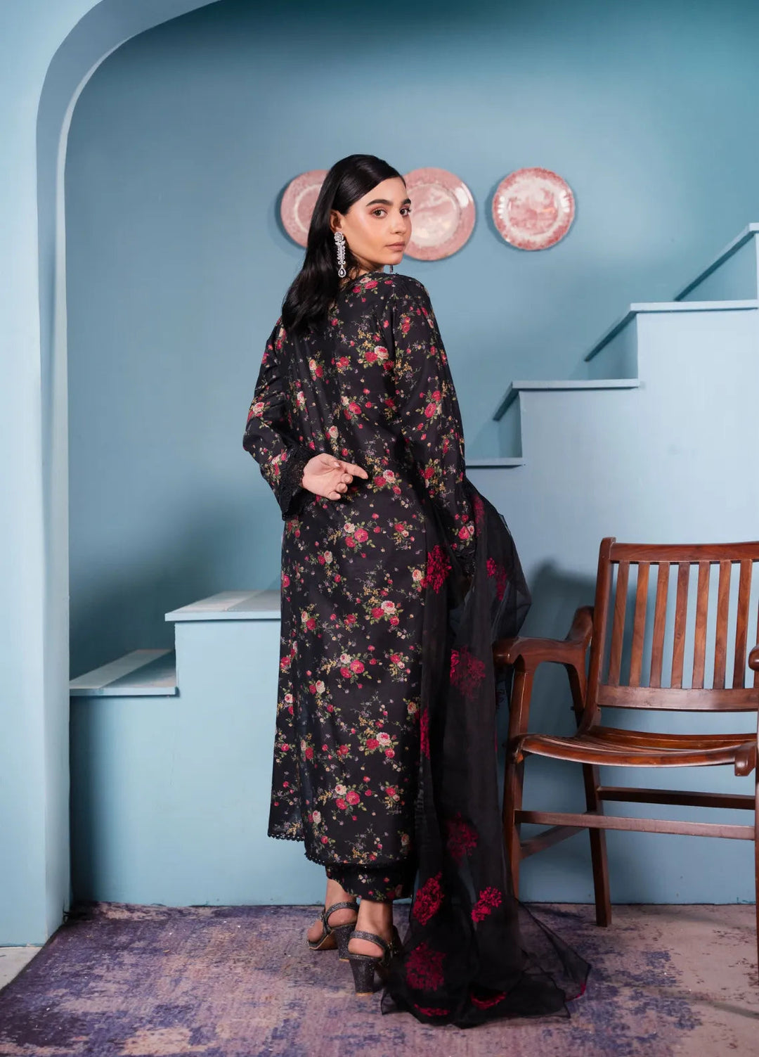 Maroon by Iqra Chaudhry Pret Embroidered Khaadi Net 3 Piece Suit Floral Black