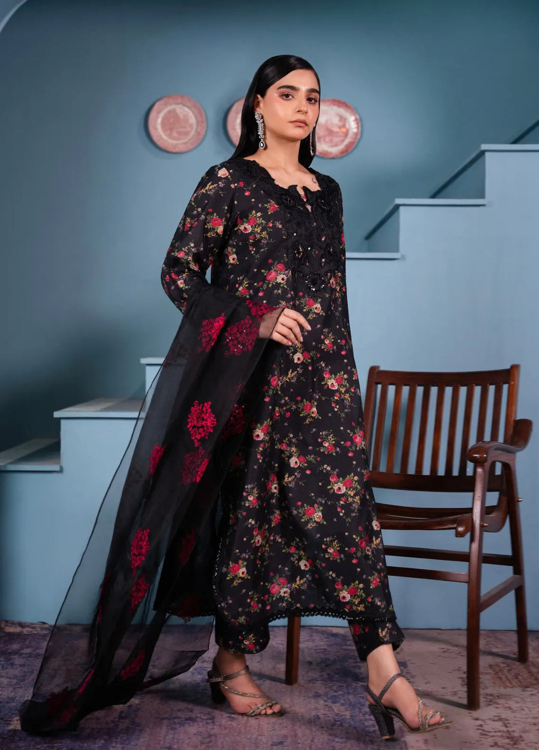 Maroon by Iqra Chaudhry Pret Embroidered Khaadi Net 3 Piece Suit Floral Black