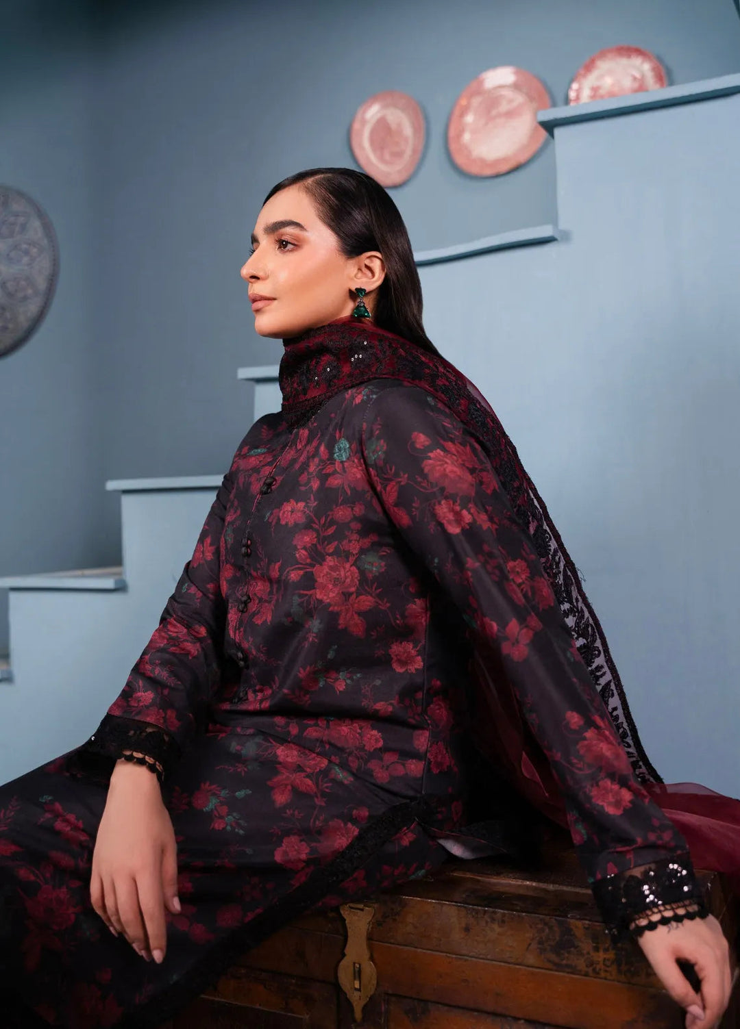 Maroon by Iqra Chaudhry Pret Embroidered Khaadi Net 3 Piece Suit Hannah