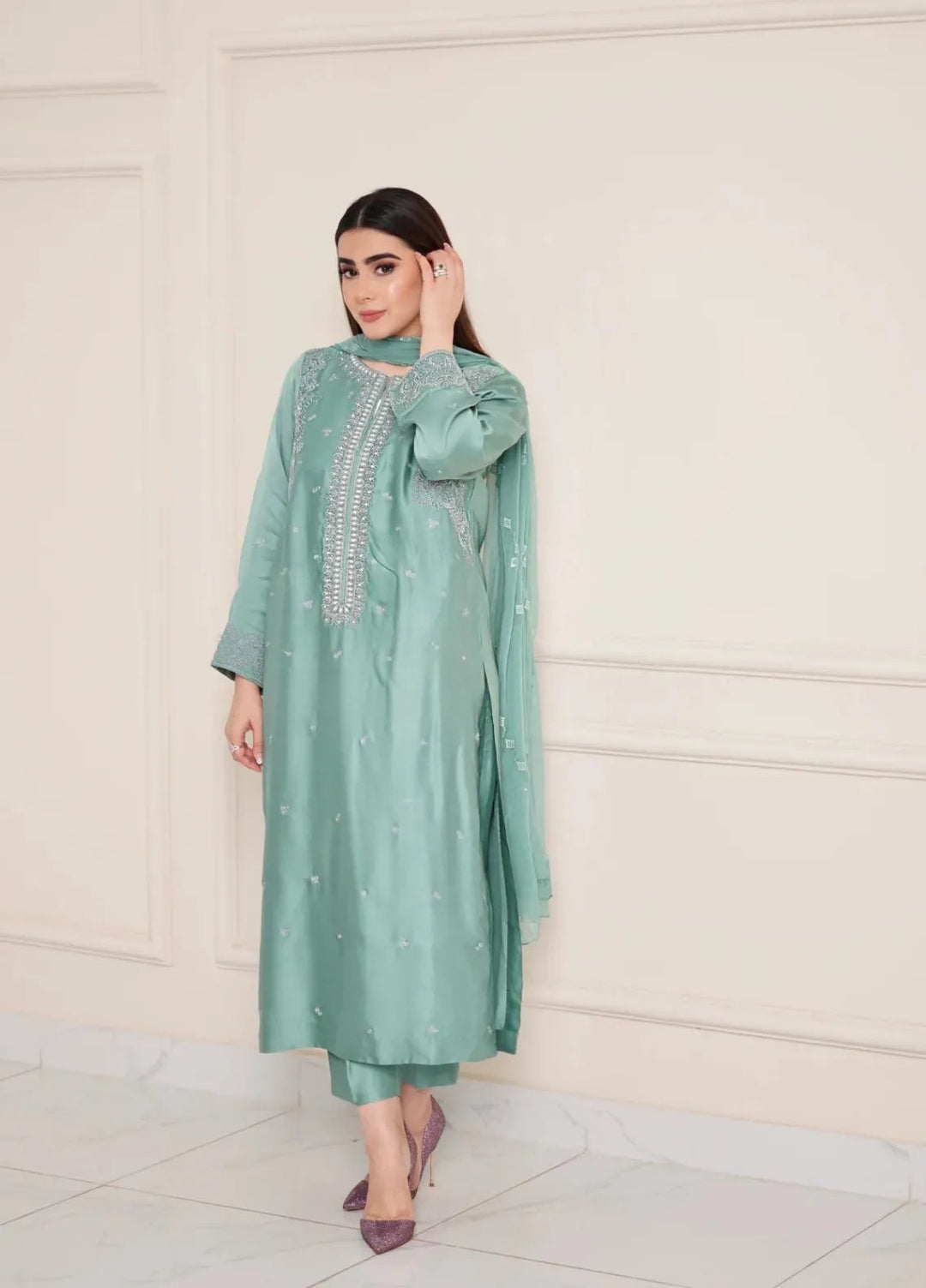 Maroon by Iqra Chaudhry Pret Embroidered Raw Silk 3 Piece Suit Aqua Breeze
