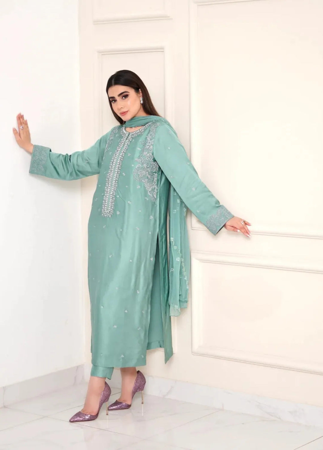 Maroon by Iqra Chaudhry Pret Embroidered Raw Silk 3 Piece Suit Aqua Breeze