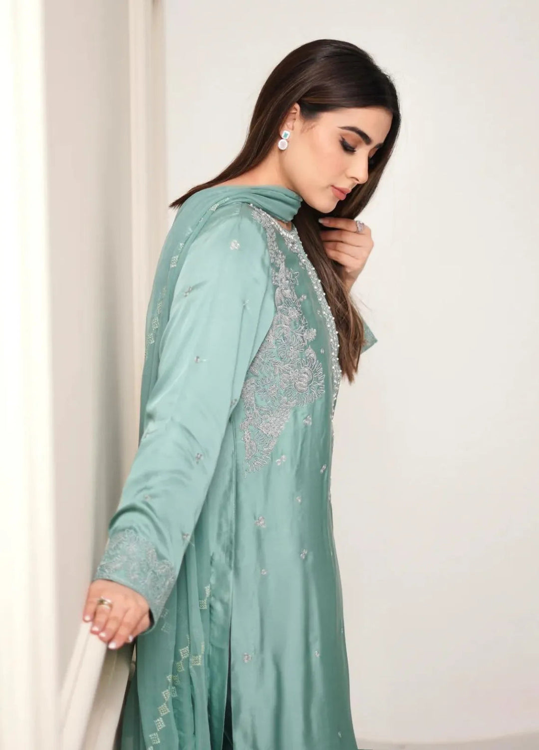 Maroon by Iqra Chaudhry Pret Embroidered Raw Silk 3 Piece Suit Aqua Breeze