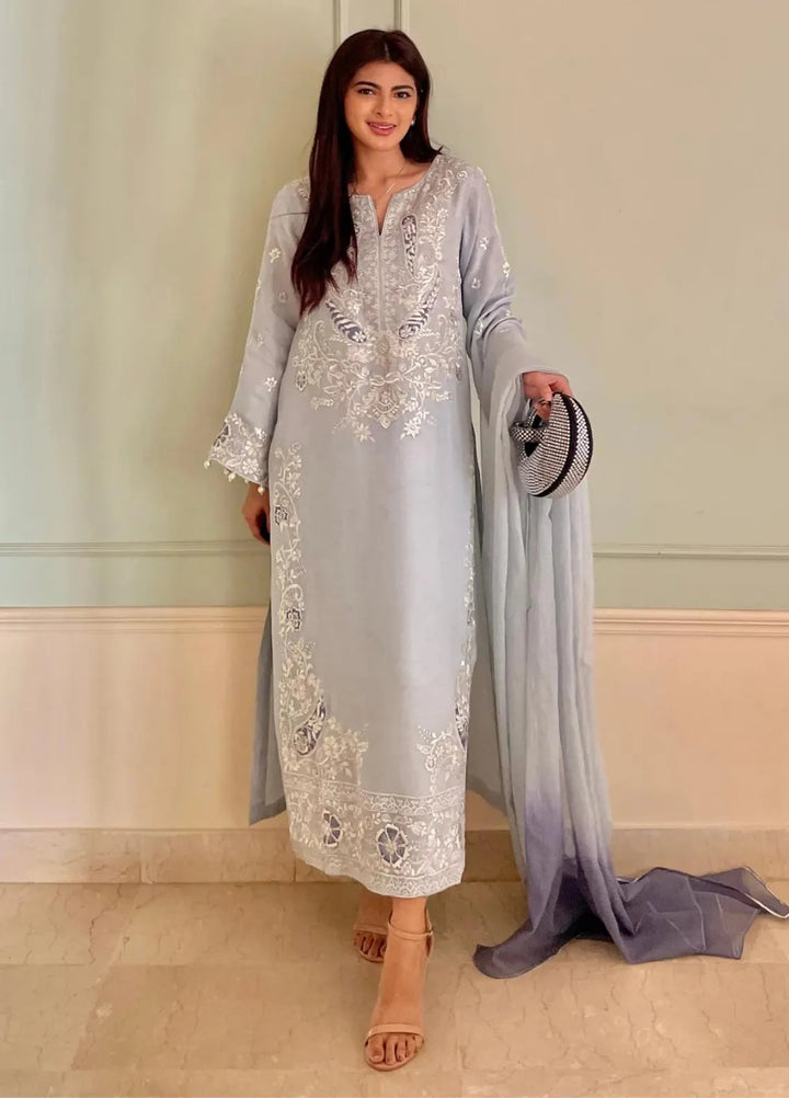 Maroon by Iqra Chaudhry Pret Embroidered Raw Silk 3 Piece Suit Cashmere Blue