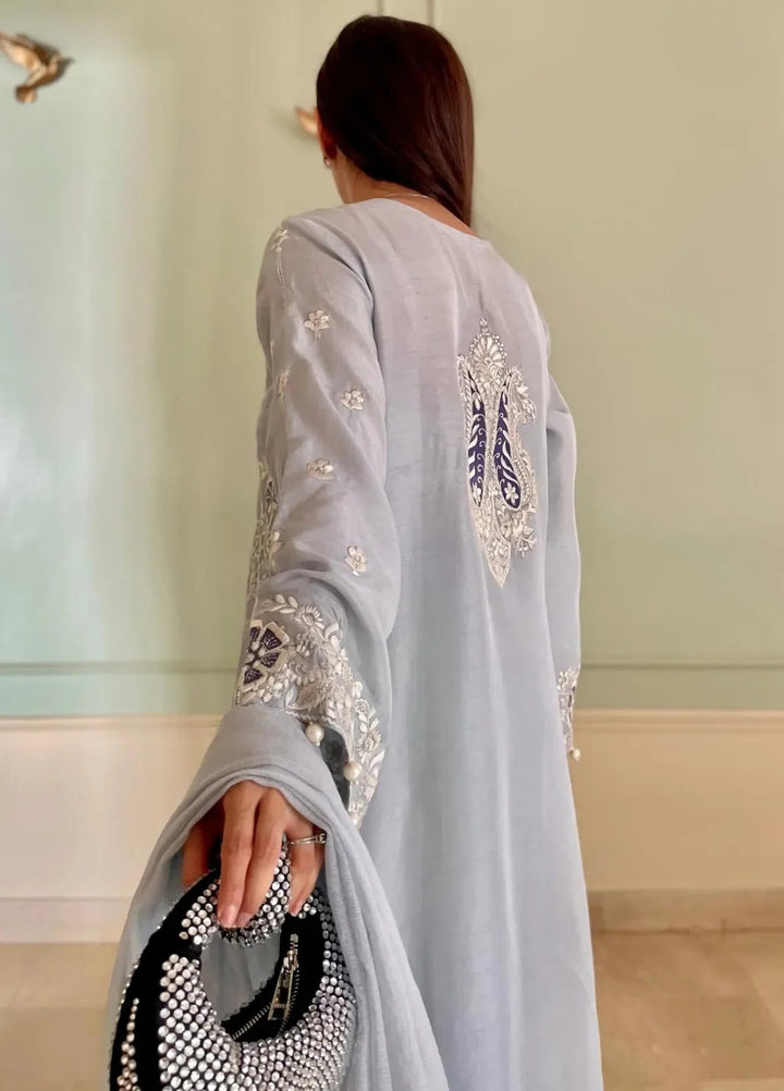 Maroon by Iqra Chaudhry Pret Embroidered Raw Silk 3 Piece Suit Cashmere Blue