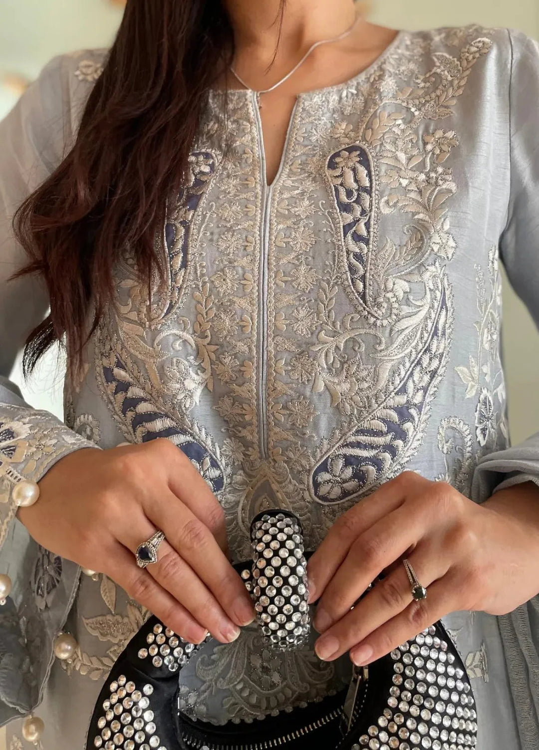 Maroon by Iqra Chaudhry Pret Embroidered Raw Silk 3 Piece Suit Cashmere Blue