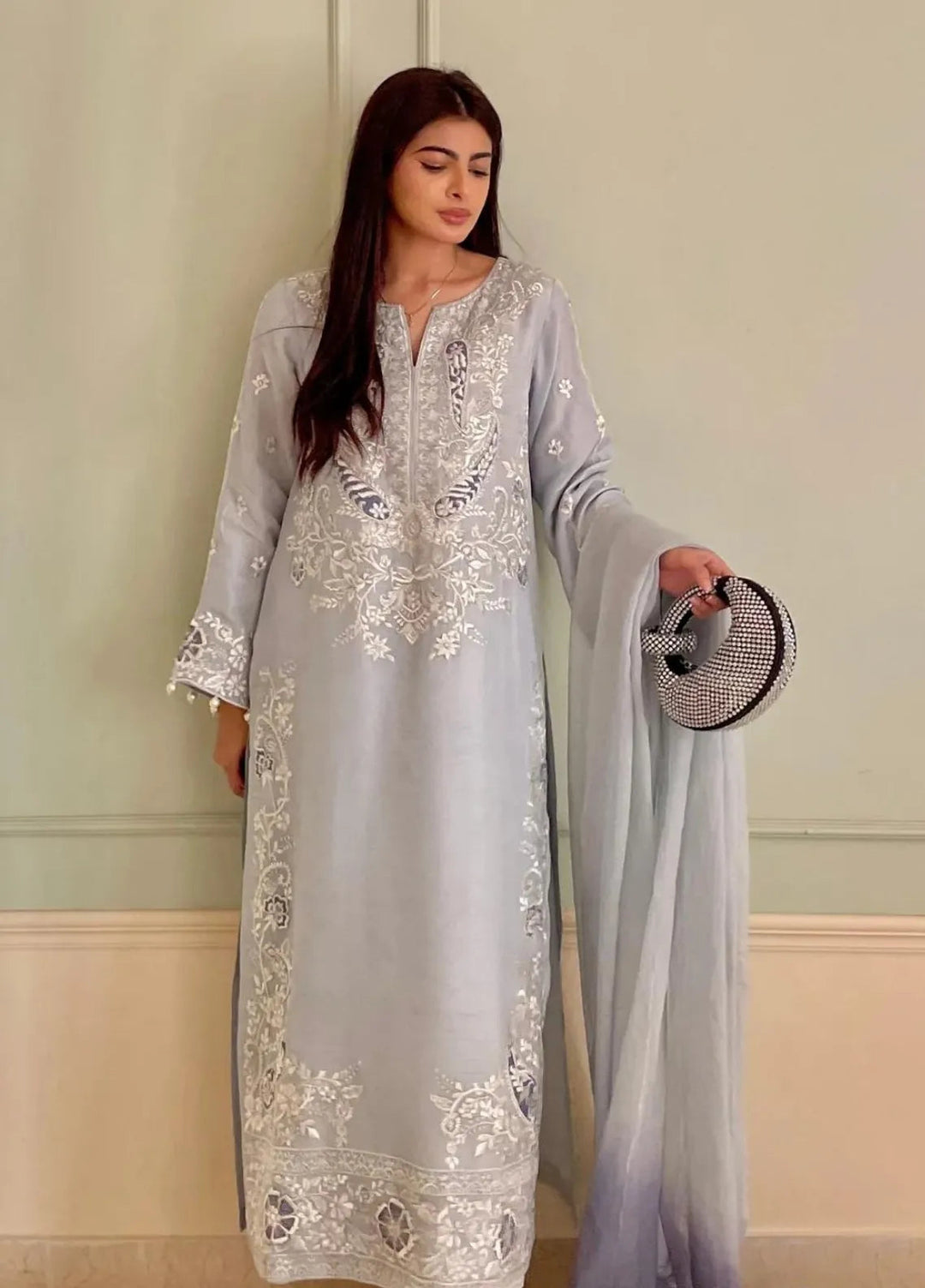 Maroon by Iqra Chaudhry Pret Embroidered Raw Silk 3 Piece Suit Cashmere Blue