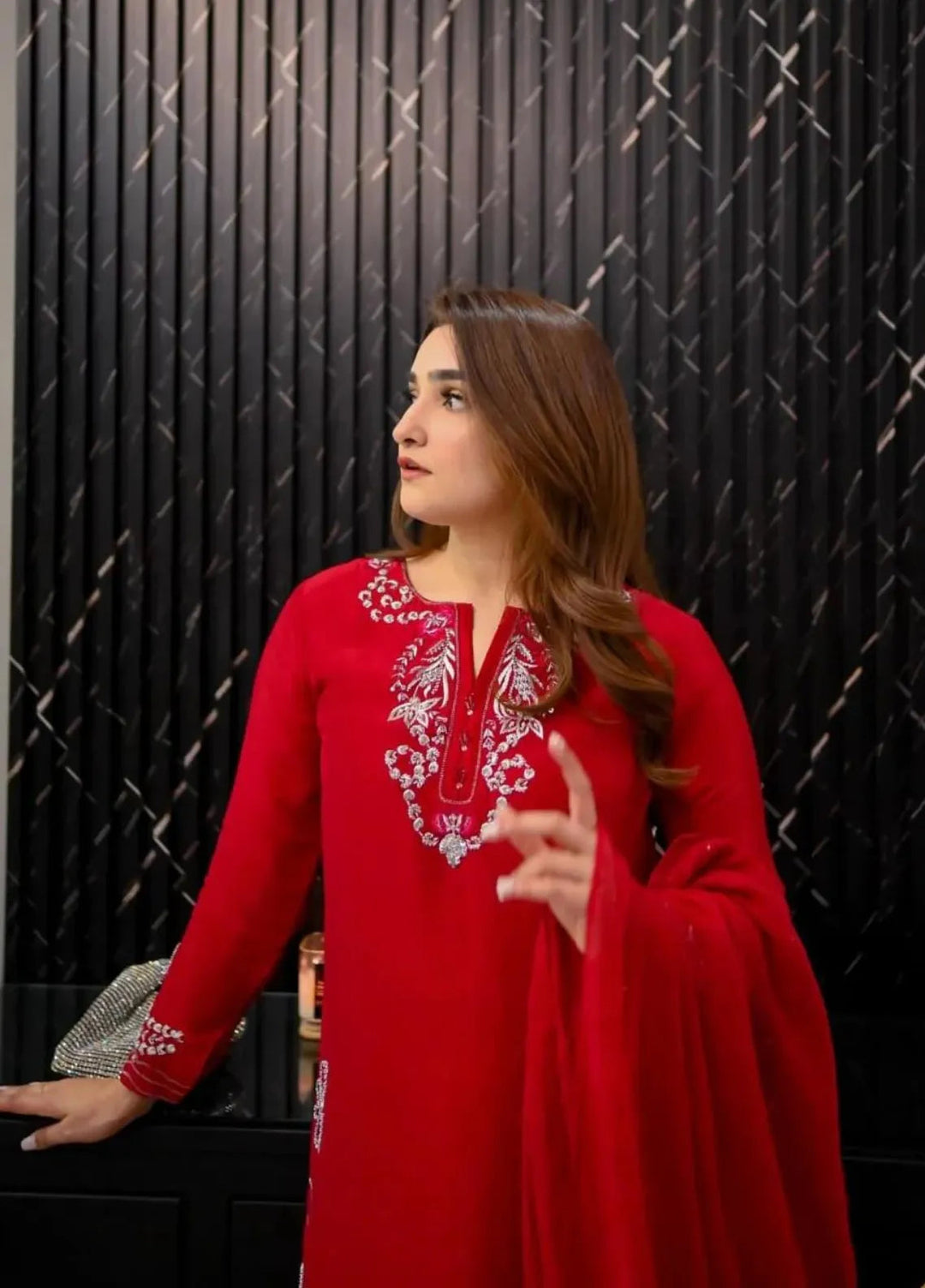 Maroon by Iqra Chaudhry Pret Embroidered Raw Silk 3 Piece Suit Cherry Red