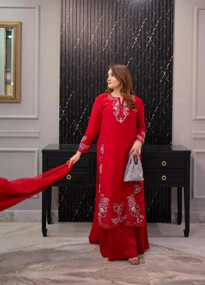 Maroon by Iqra Chaudhry Pret Embroidered Raw Silk 3 Piece Suit Cherry Red