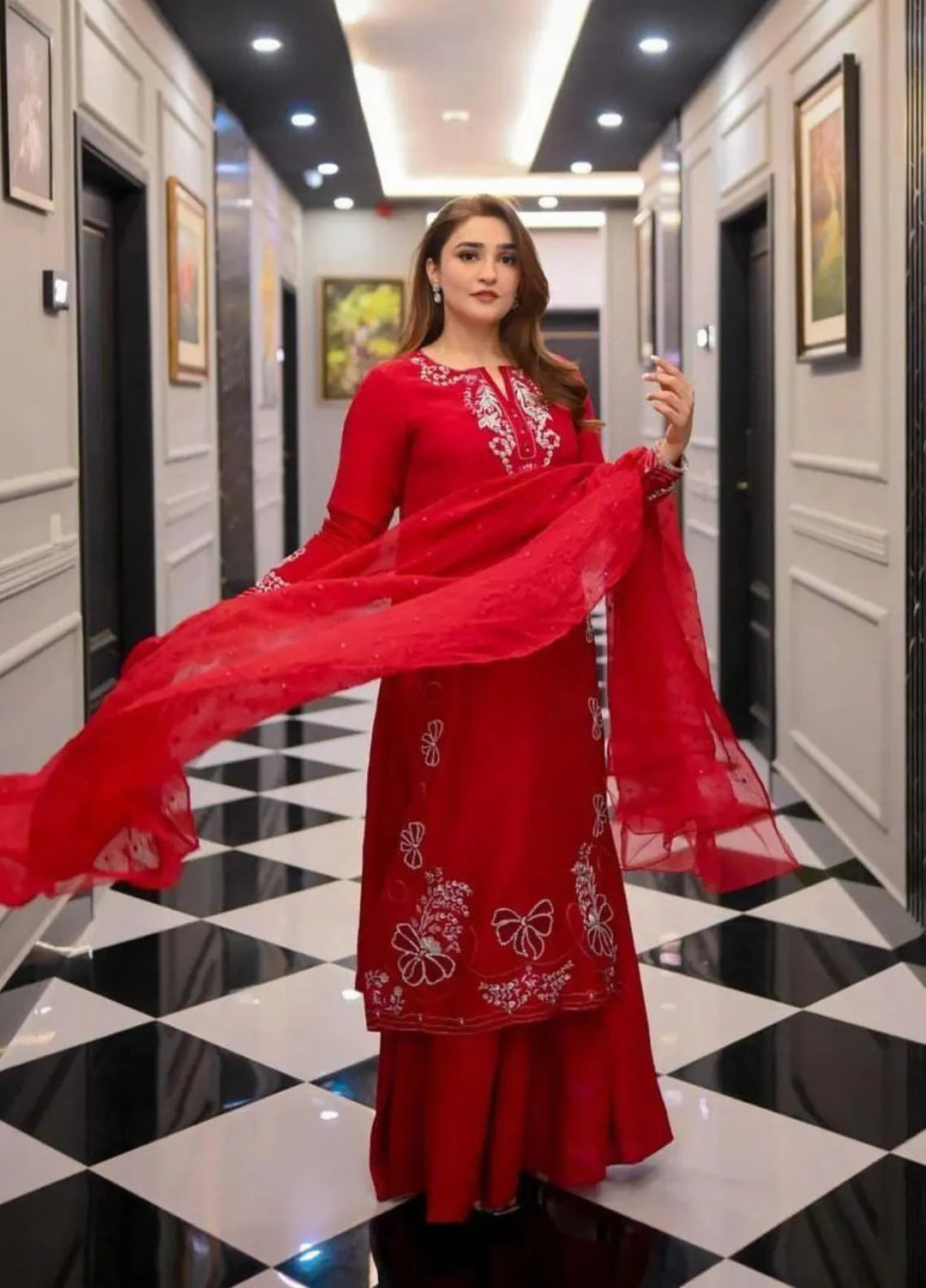 Maroon by Iqra Chaudhry Pret Embroidered Raw Silk 3 Piece Suit Cherry Red