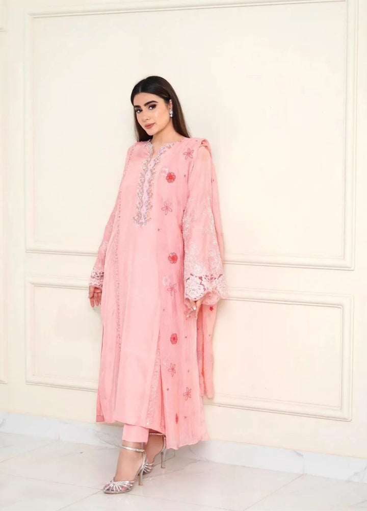 Maroon by Iqra Chaudhry Pret Embroidered Raw Silk 3 Piece Suit Flamingo Pink