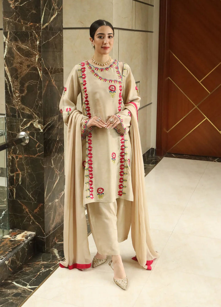 Maroon by Iqra Chaudhry Pret Embroidered Raw Silk 3 Piece Suit Flora beige