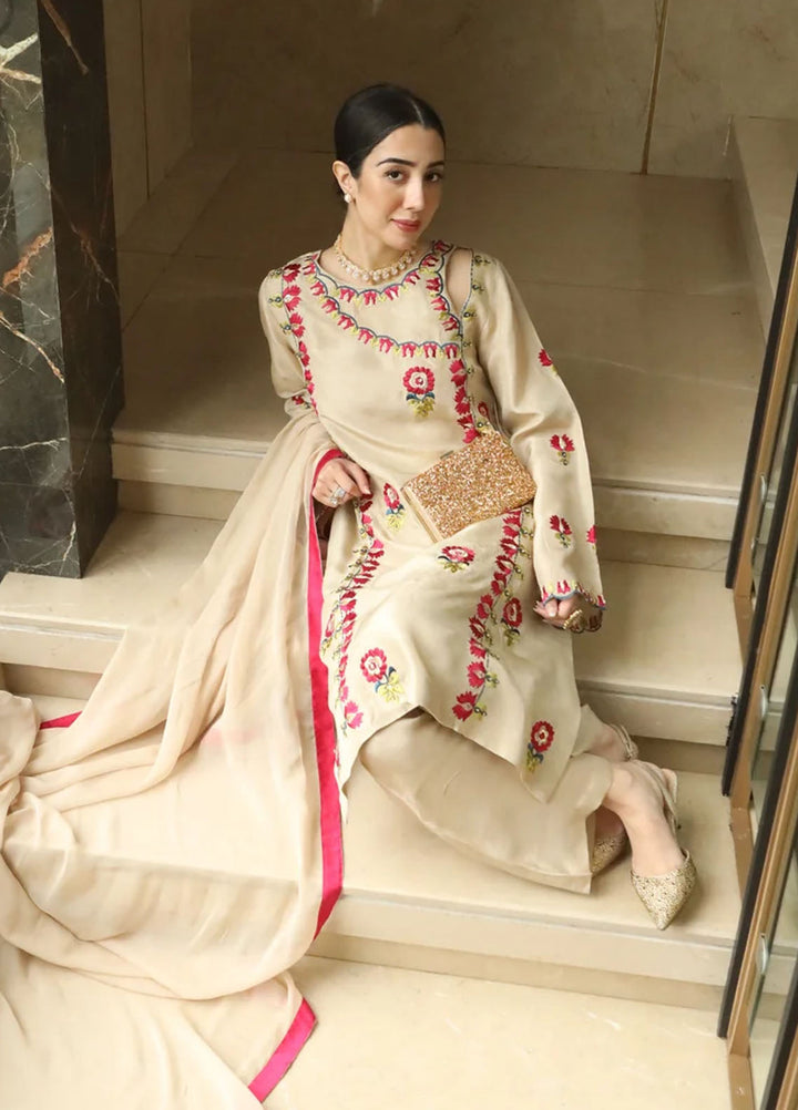 Maroon by Iqra Chaudhry Pret Embroidered Raw Silk 3 Piece Suit Flora beige