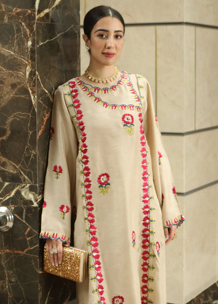 Maroon by Iqra Chaudhry Pret Embroidered Raw Silk 3 Piece Suit Flora beige