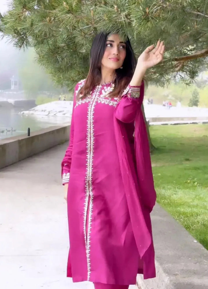 Maroon by Iqra Chaudhry Pret Embroidered Raw Silk 3 Piece Suit Mulberry