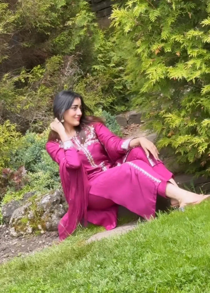 Maroon by Iqra Chaudhry Pret Embroidered Raw Silk 3 Piece Suit Mulberry