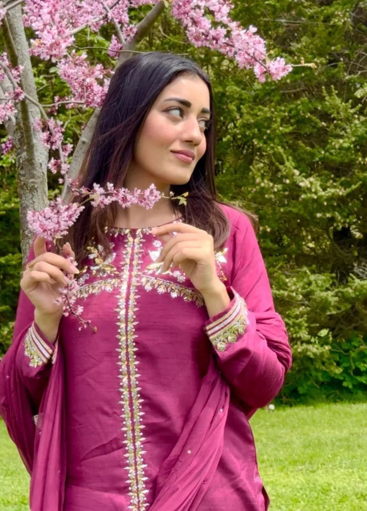 Maroon by Iqra Chaudhry Pret Embroidered Raw Silk 3 Piece Suit Mulberry