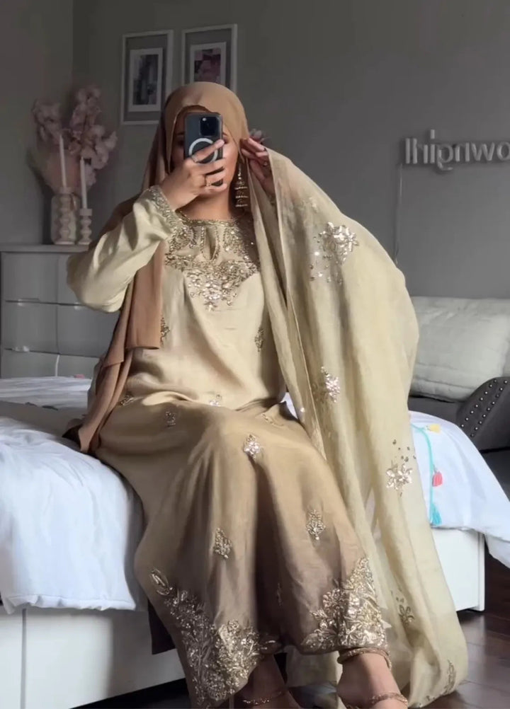 Maroon by Iqra Chaudhry Pret Embroidered Raw Silk 3 Piece Suit Pale Khaki