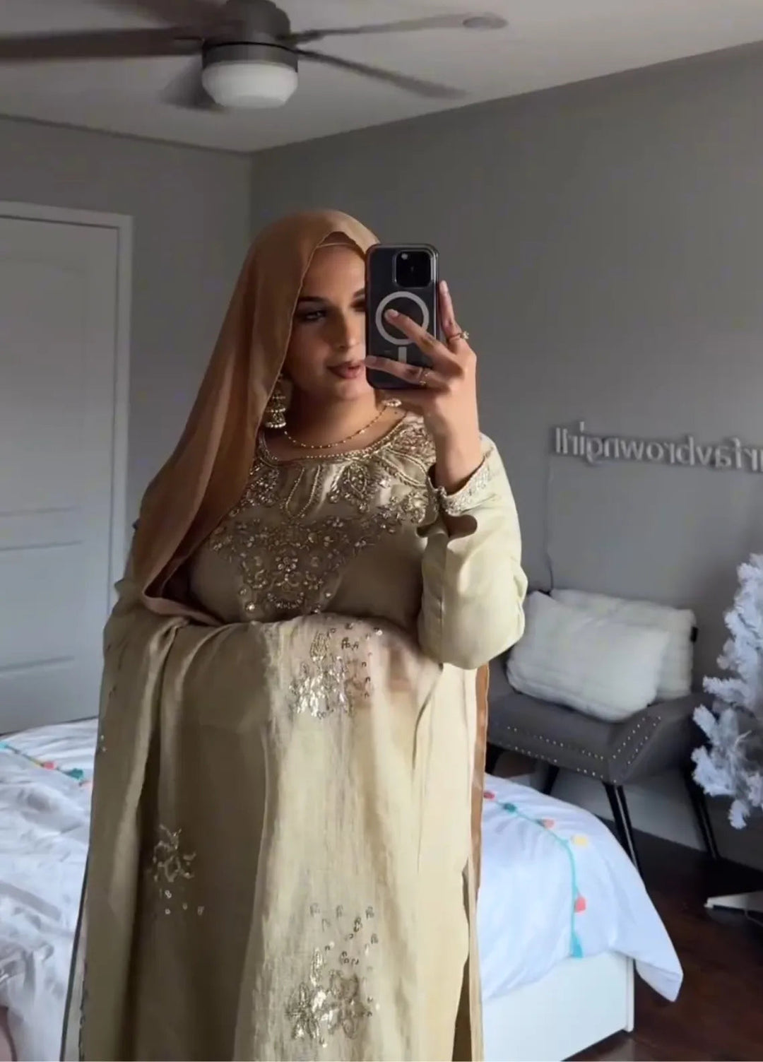 Maroon by Iqra Chaudhry Pret Embroidered Raw Silk 3 Piece Suit Pale Khaki