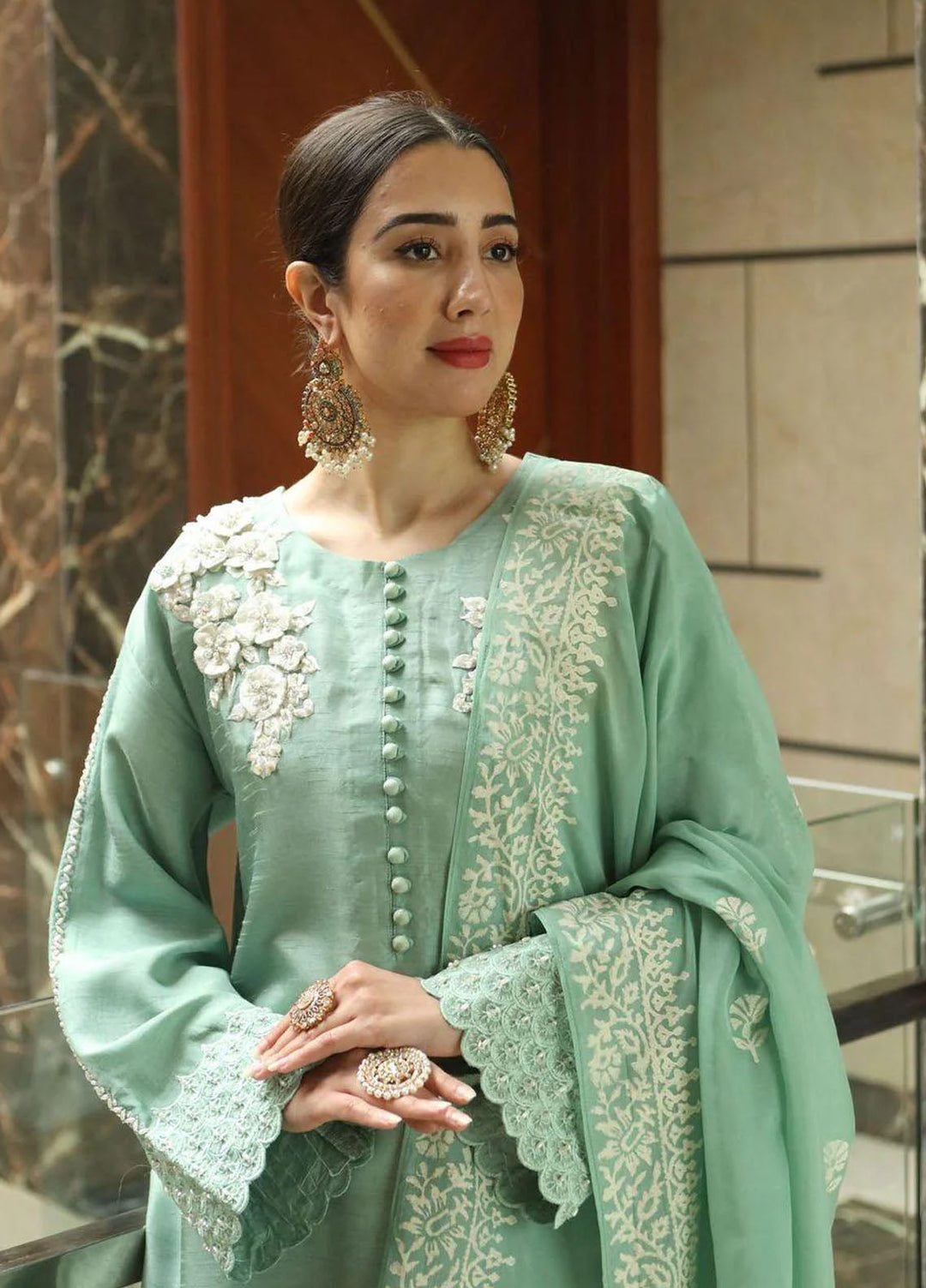 Maroon by Iqra Chaudhry Pret Embroidered Raw Silk 3 Piece Suit Pistachio Pearl