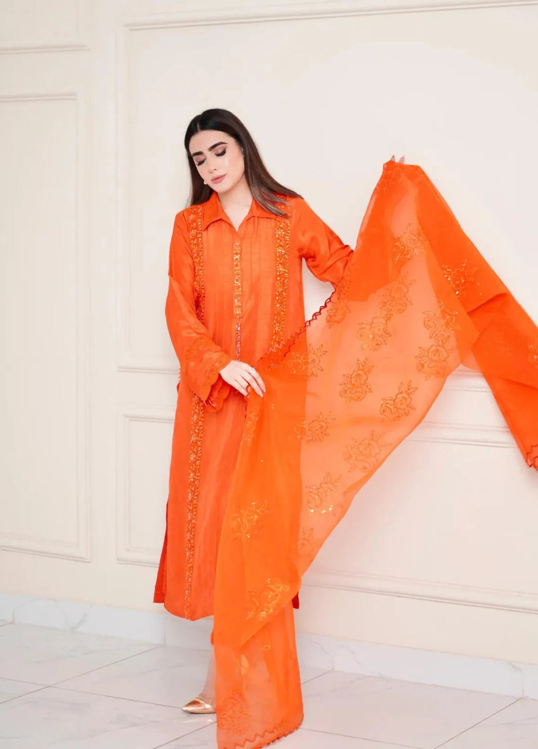 Maroon by Iqra Chaudhry Pret Embroidered Raw Silk 3 Piece Suit Pumpkin Orange