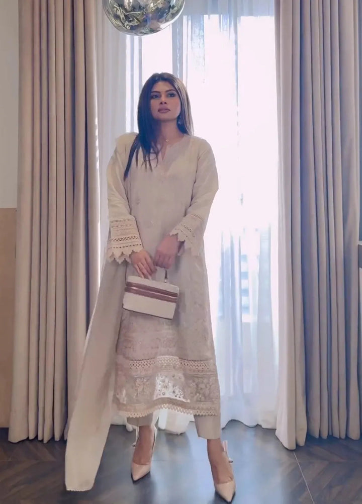 Maroon by Iqra Chaudhry Pret Embroidered Raw Silk 3 Piece Suit Soothing Beige