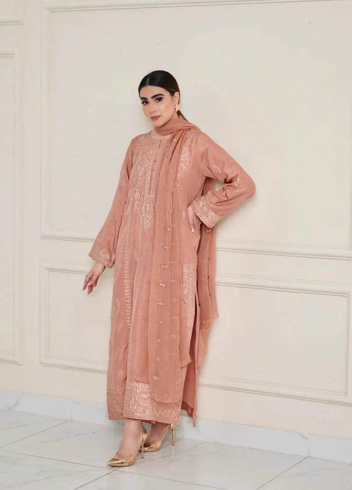 Maroon by Iqra Chaudhry Pret Embroidered Raw Silk 3 Piece Suit Terracotta