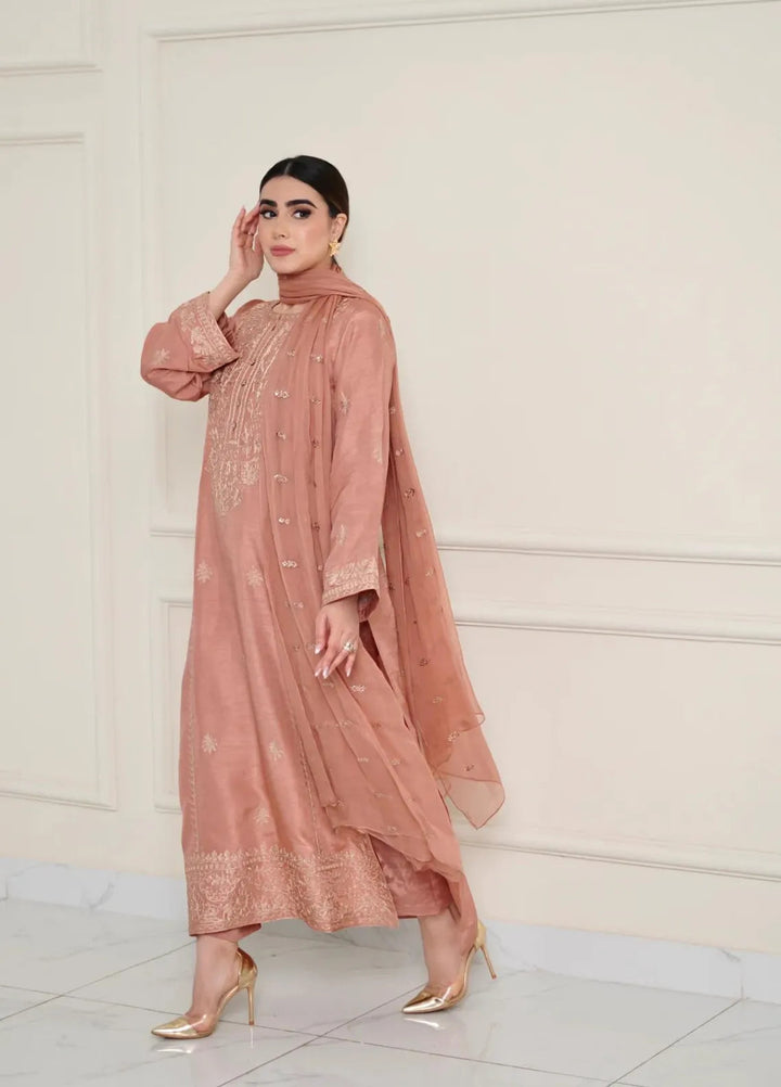 Maroon by Iqra Chaudhry Pret Embroidered Raw Silk 3 Piece Suit Terracotta