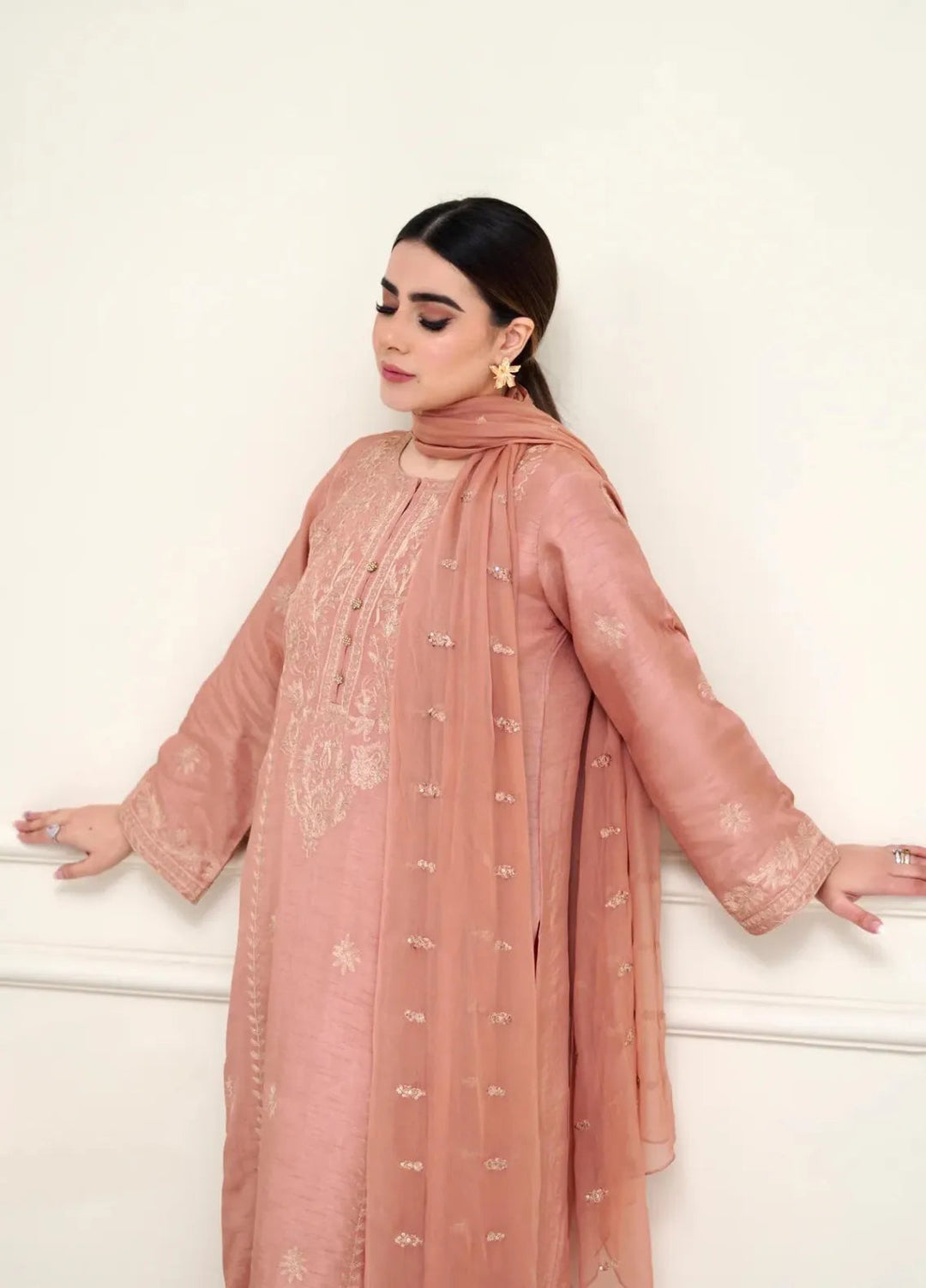 Maroon by Iqra Chaudhry Pret Embroidered Raw Silk 3 Piece Suit Terracotta