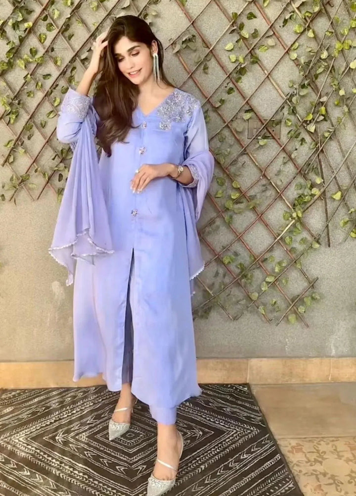 Maroon by Iqra Chaudhry Pret Embroidered Silk 3 Piece Suit Lavender Charm