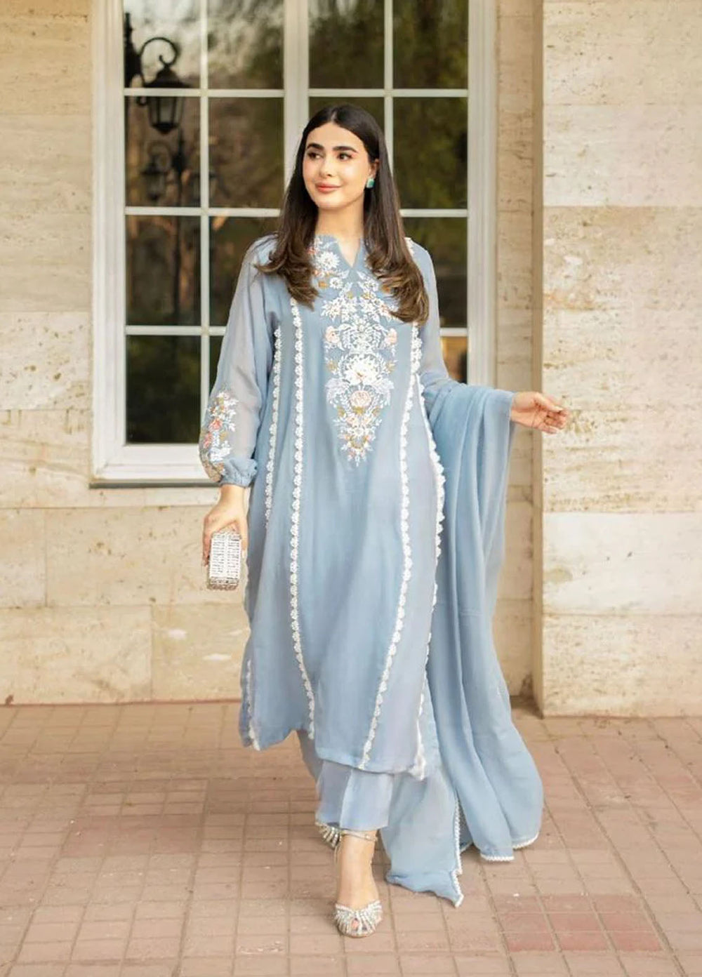 Maroon by Iqra Chaudhry Pret Embroidered Silk 3 Piece Suit Moon Grey