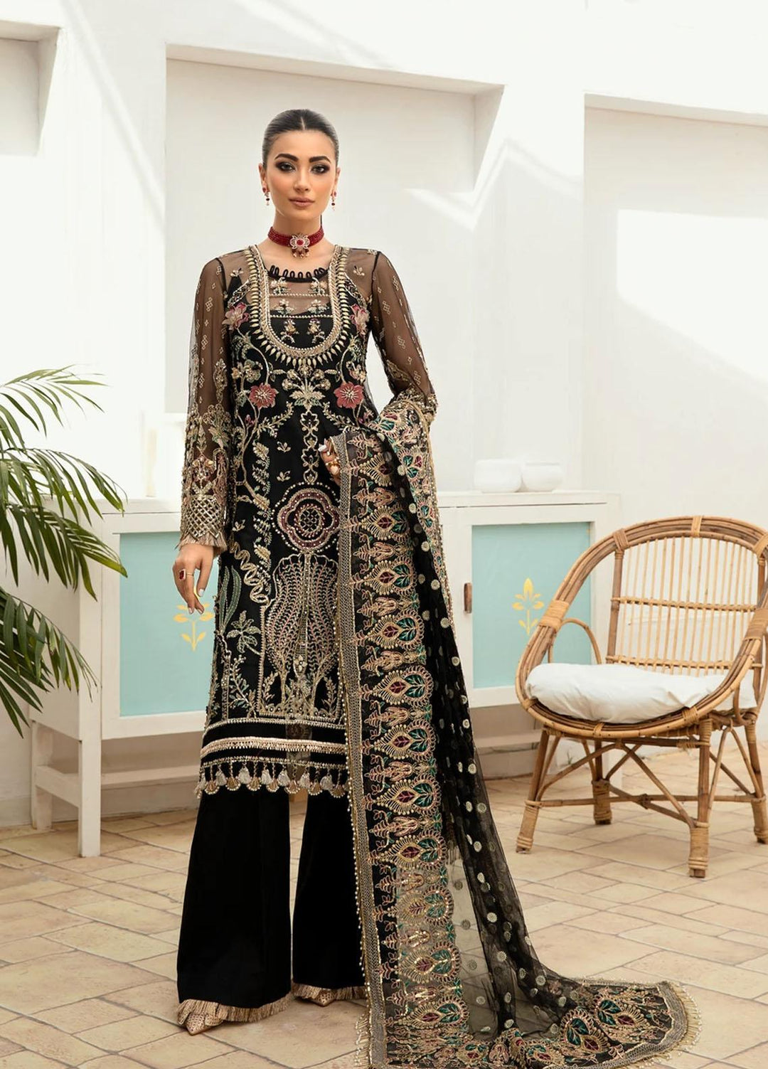 Marwa by Maryam Hussain Embroidered Net Suits Unstitched 3 Piece MH21MF 03 MEENA - Luxury Collection