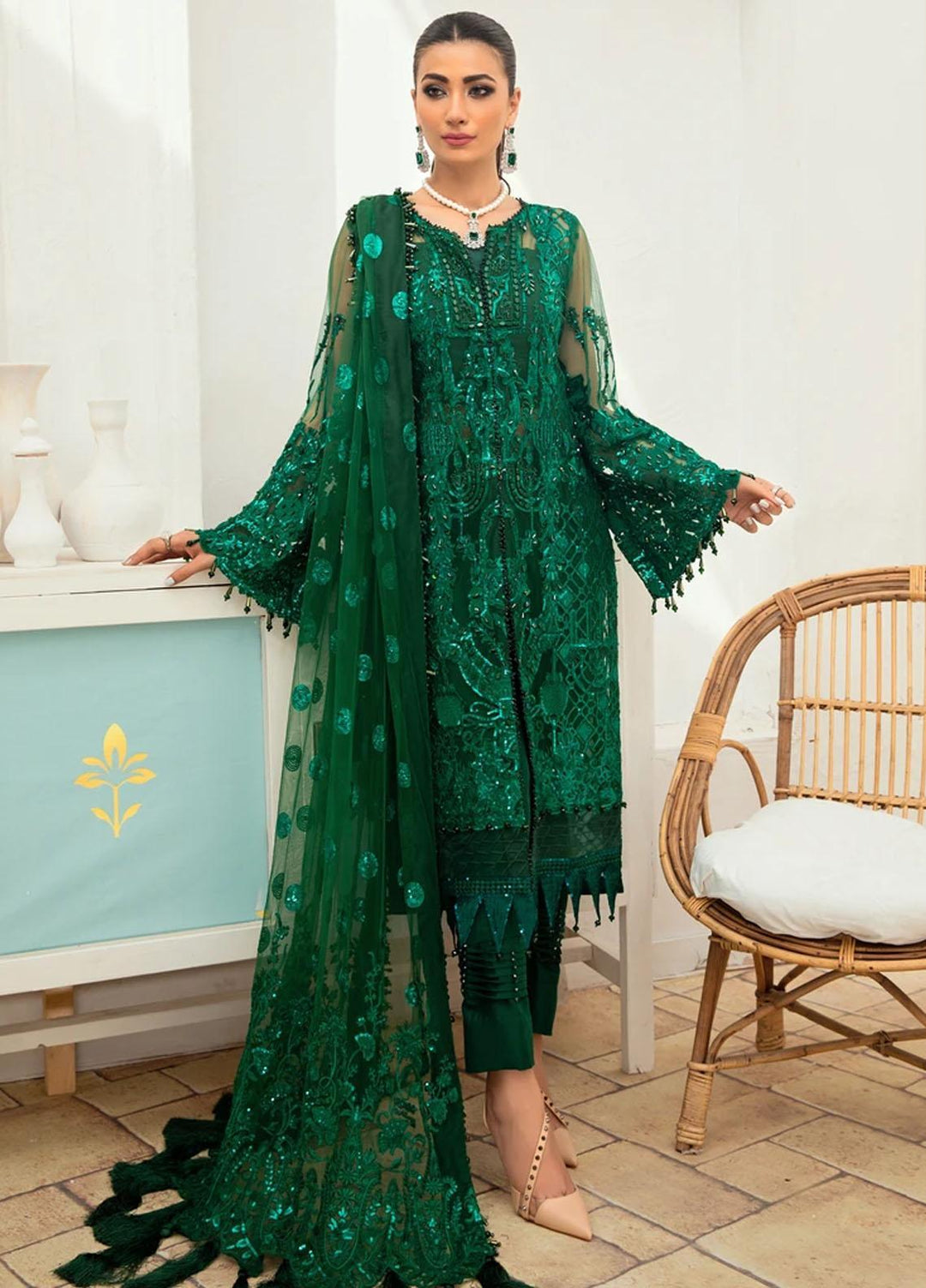 Marwa by Maryam Hussain Embroidered Net Suits Unstitched 3 Piece MH21MF 04 ZAMURD - Luxury Collection