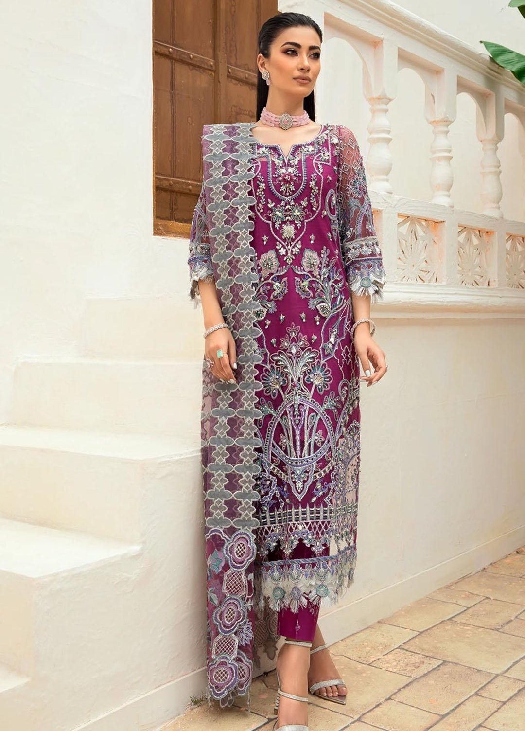 Marwa by Maryam Hussain Embroidered Net Suits Unstitched 3 Piece MH21MF 07 MEHAR - Luxury Collection