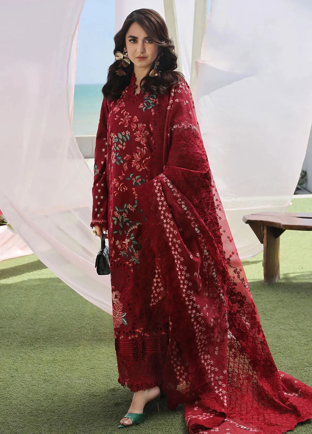 Maryam Hussain Embroidered Lawn Suit Unstitched 3 Piece MH24L D-06 Crimson - Luxury Collection