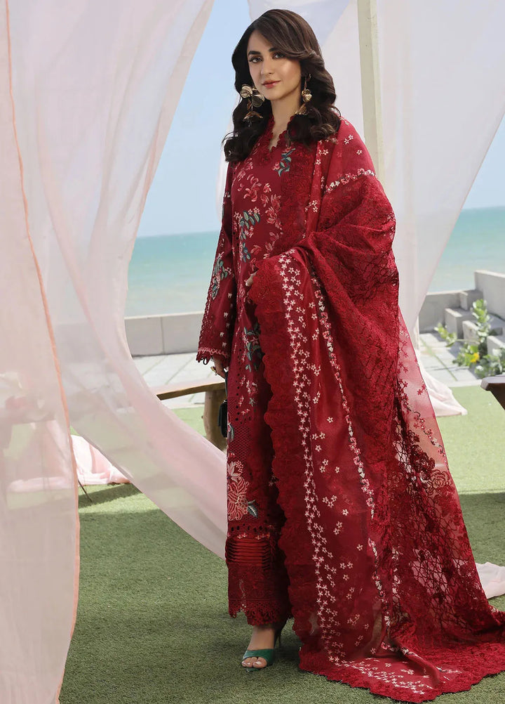 Maryam Hussain Embroidered Lawn Suit Unstitched 3 Piece MH24L D-06 Crimson - Luxury Collection