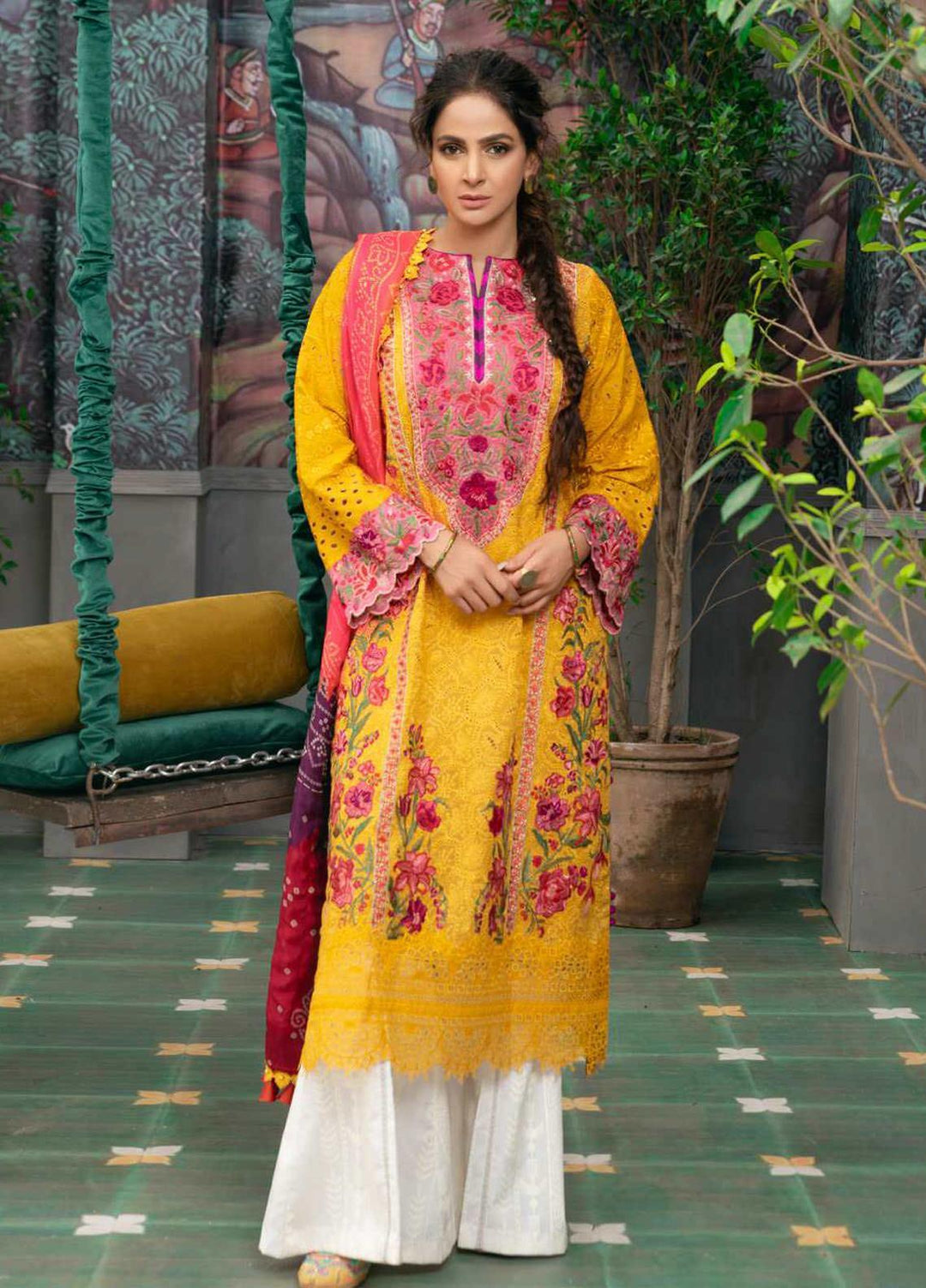 Maryam Hussain Embroidered Chikankari Suits Unstitched 3 Piece MRH21LL 10-Kesar - Festive Collection